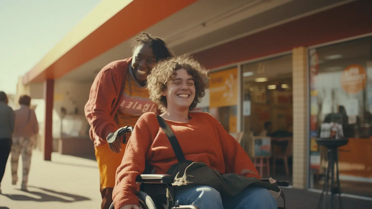 A woman helping an smiling young guy in his weelchair